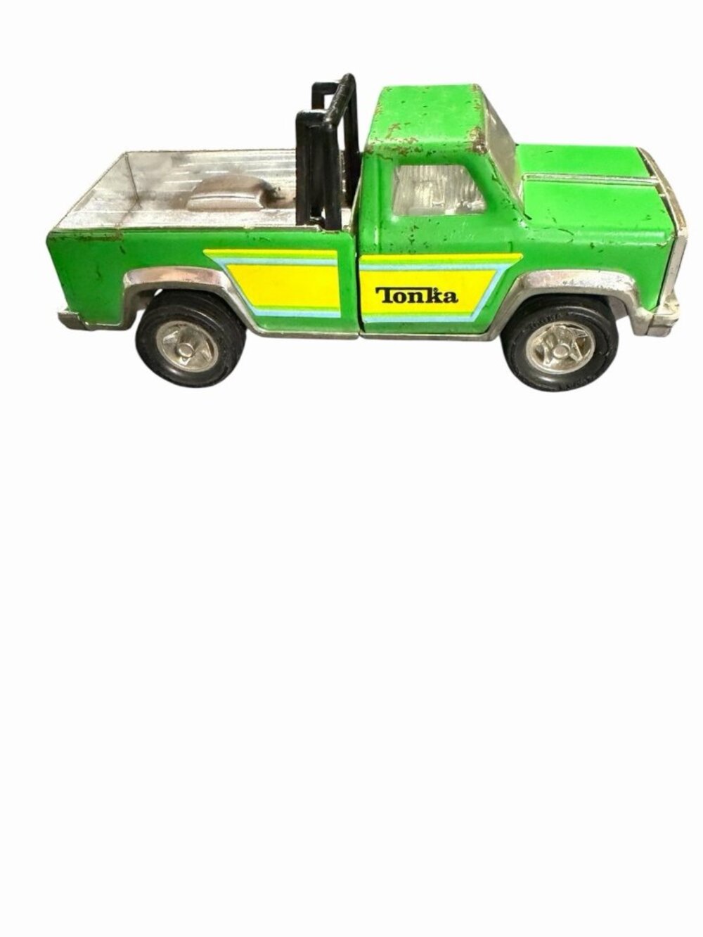 70s Tonka Corp 7" Green Metal Pickup Truck Yellow Trim Chrome Bed Vintage Retro